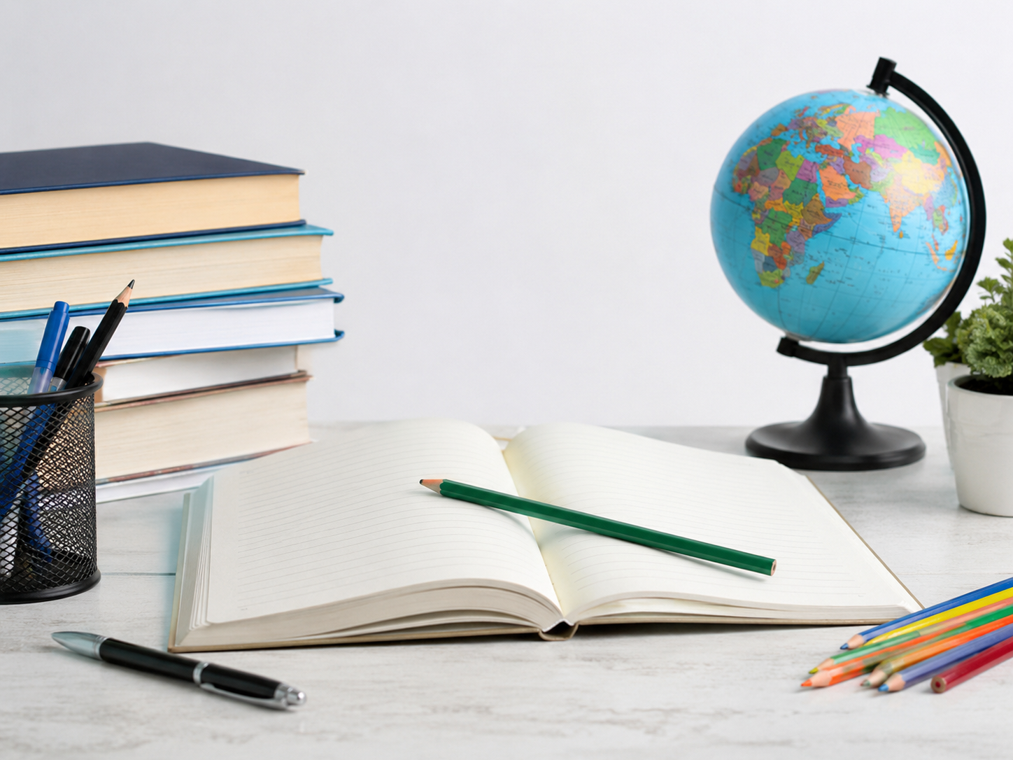 Праздничная композиция с книгами, карандашами и осенними листьями к 1 сентября